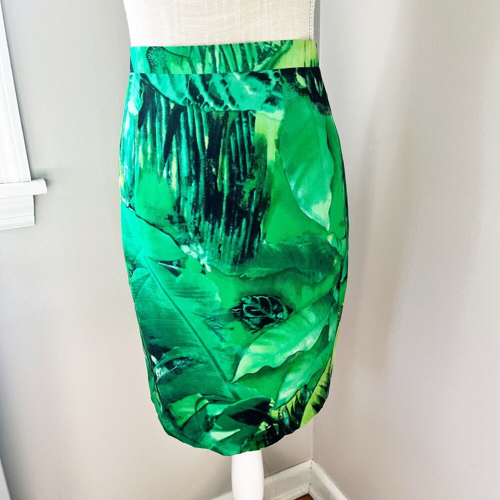 Vintage Escada by Margaretha Ley Green Palm Leaves Silk Pencil Skirt Size 34 EU